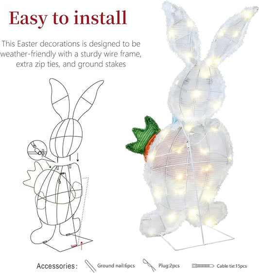 Outdoor Solar Easter Bunny Yard Decorations, Lighted Metal Bunny Family Set of 3, Pre-Lit LEDs for Lawn Garden Front Porch