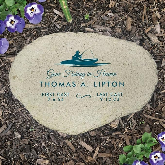 GiftsForYouNow Gone Fishing in Heaven Personalized Memorial Garden Stone, Flat UV Resin Stone, Measures 11.25" W x 7.75" H, Fisherman Memorial, Grandpa, Dad, Last Cast