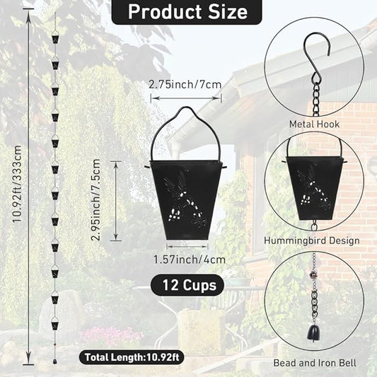 10.92 FT Black Rain Chain, Square Rain Chain for Outside with 12 Cups Adjustable Metal Chain Rain Catcher Chain for Gutters, Eaves, Drainage, Replacement for Downpout