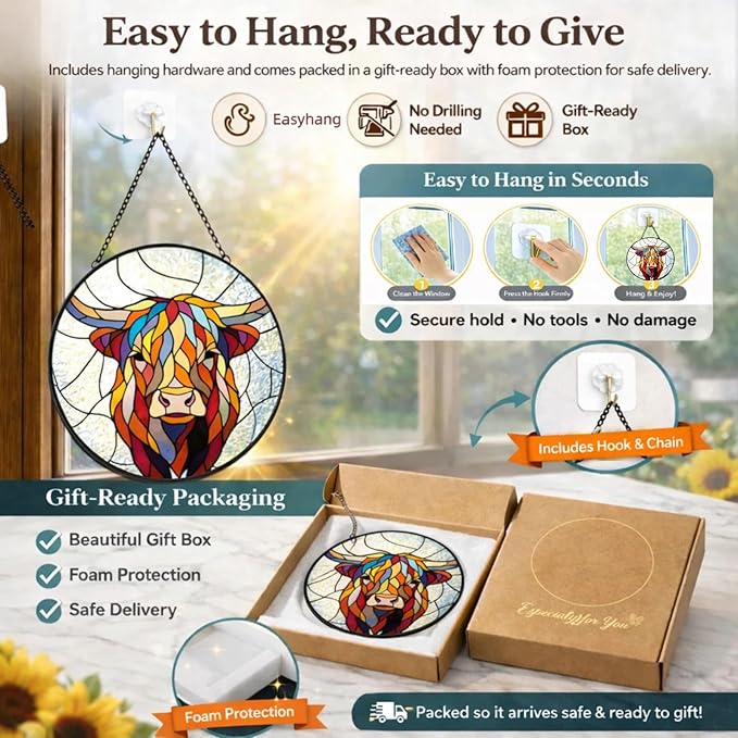 Highland Cow Suncatcher Window Hanging, 7.87" Stained Glass Decor, Meaningful Gift for Family, Friends and Loved Ones, Rustic Home Decor for Window, Wall, Living Room, Sunroom and Garden