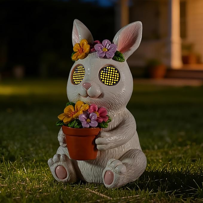 Garden Statues Rabbit with Solar Moving LED Eyes Outdoor Bunny Figurines Decorations for Patio Yard Lawn Ornaments Gifts for Birthday Easter Housewarming (Bunny)