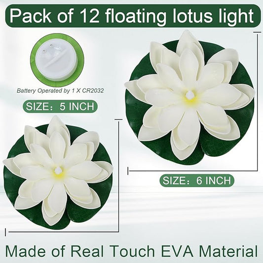 LACGO 12 PCS Diwali Waterproof Floating Lotus Light - Floating Flower Light Battery Operated Water Activated Warm White Pool Flower Lamp Wedding,Anniversary,Garden Decoration(6Inch & 5Inch)