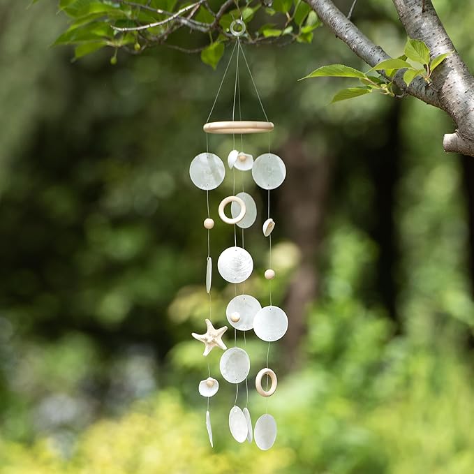 Sea Shells Wind Chimes - Handcrafted White Capiz Shells Windchime with Starfish, Coastal Style Decor for Indoor/Outdoors, Garden Decor, Great Gift for Women, Wind Chimes Lovers and More