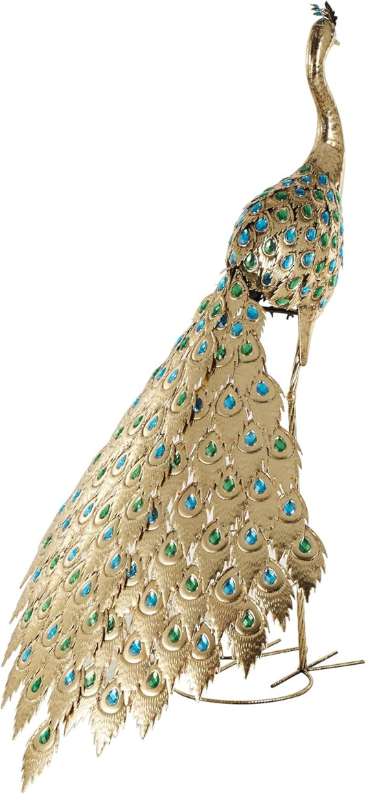 Deco 79 Metal Peacock Decorative Garden Sculpture Garden Statue with Blue and Green Jewels, Outdoor Sculpture 44" x 27" x 52", Brass