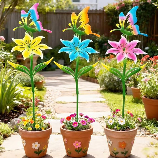 Metal Garden Flowers for Outside, 30.3-22.4" 3-Pack Colorful Butterfly & Flower Decorative Garden Stakes for Spring Garden Decor, Yard Art Decorations for Patio Lawn