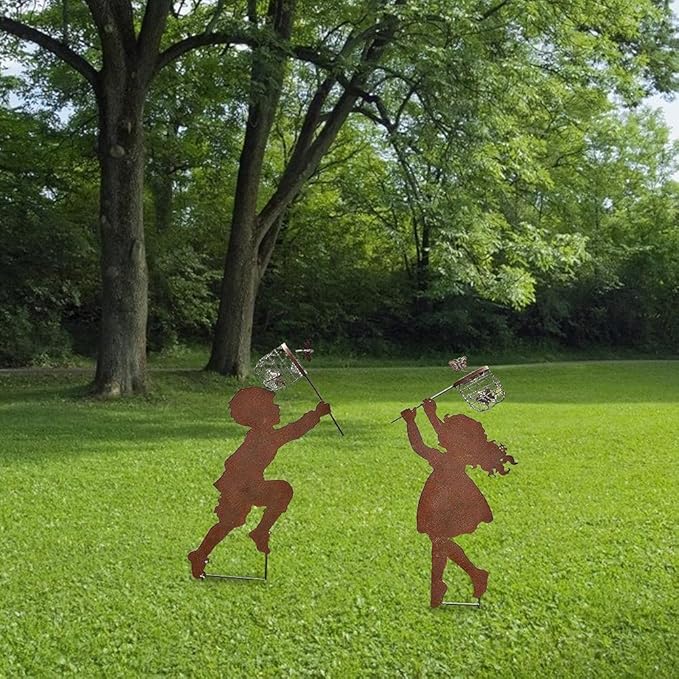 Boy Girl Silhouettes Chasing Butterfly Metal Vintage Garden Silhouette Sculpture Yard Garden Metal Stake Decor
