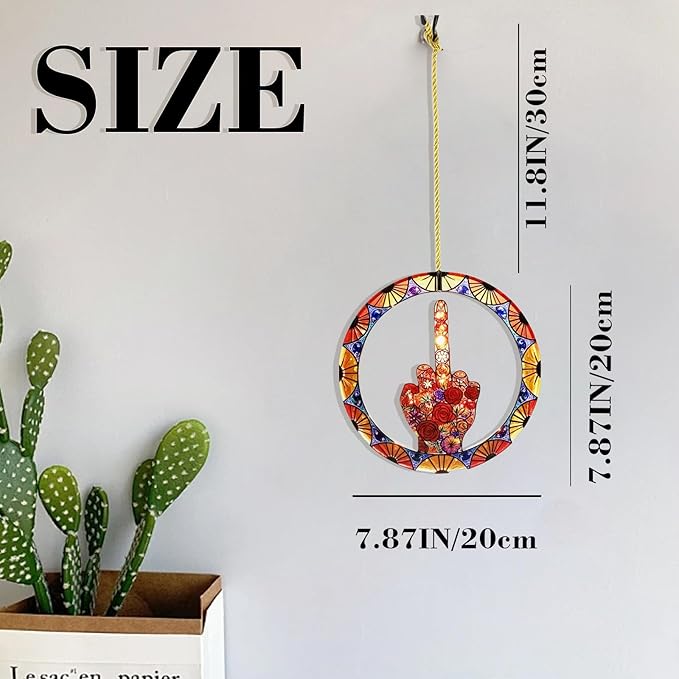 Middle Finger Suncatcher Color Stained Glass Window Hanging, Handmade Acrylic Funny Light Sun Catcher Indoor Outdoor Wall Hanger Ornament, Hand-Painted Glass Panel Decor for Home Office (E)