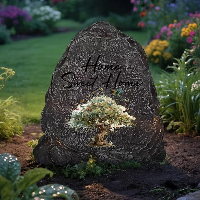 Garden Stone Sculpture with Tree of Life Butterfly, Solar Resin Outdoor Sculpture, Suitable As Tomb Decoration for Garden, Lawn, Cemetery, Memorial Gift, Home Decoration