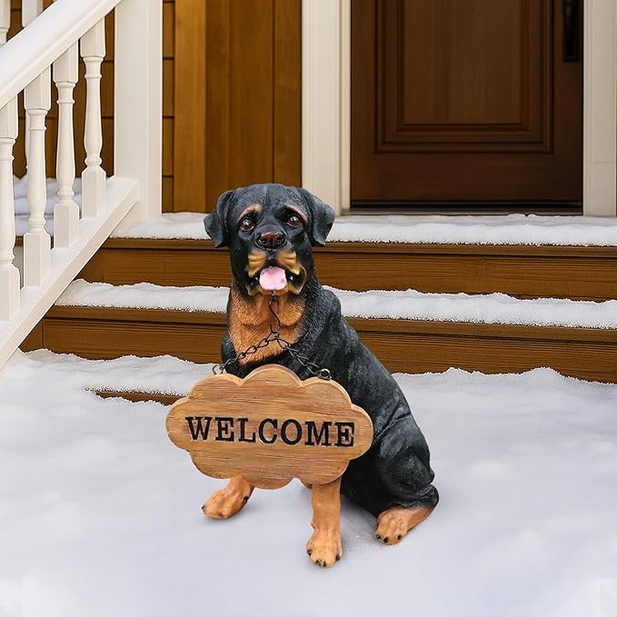 Outdoor rottweiler Dog Statue with Interchangeable Welcome sign and Detachable Solar Lantern –LED Light Garden Dog Sculpture Décor Garden Statue Outdoor dog statue Cute Puppy for Yard Porch Gift