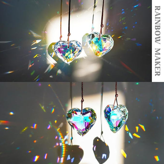 H&D HYALINE & DORA 2PCS 50mm Suncatcher Crystal Heart Prisms Hanging for Windows,AB Color Heart Shape Prisms Rainbow, Glass Chandelier Prism Sun Catcher with Rope