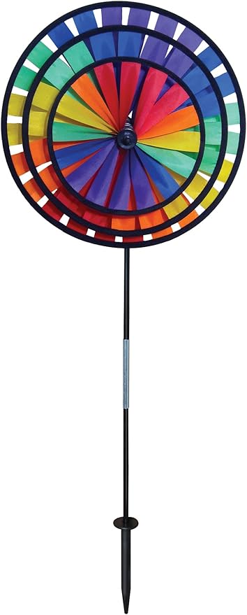 In The Breeze Rainbow Triple Wheel Spinner- Ground Stake Included - Colorful Wind Spinner for your Yard and Garden
