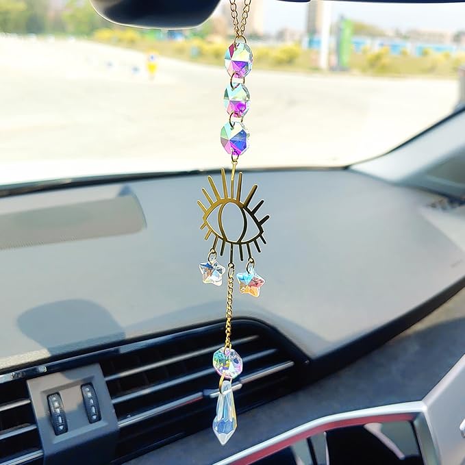 Crystal Sun Catcher Rear View Mirror Accessories, Colorful Crystals Suncatcher Car Mirror Hanging Accessories Car Decor, Hanging Ornament for Window Home Garden etc.