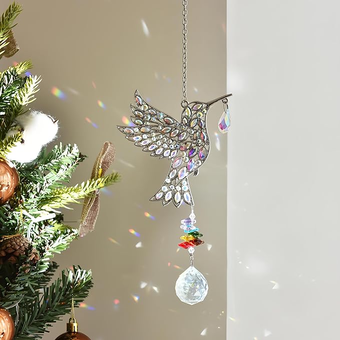 Hanging Silver Hummingbird Suncatcher, Crystal Hummingbird Suncatcher with Rainbow Prisms, Bird Decoration, Home Decoration, Birthday Gift