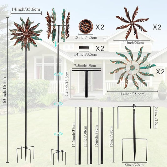 DREAMSOUL 360° Wind Spinners Outdoor, Metal Double Wind Spinner with Stable Stake Windmill for Yard Garden Decor (63 * 14 Inches)