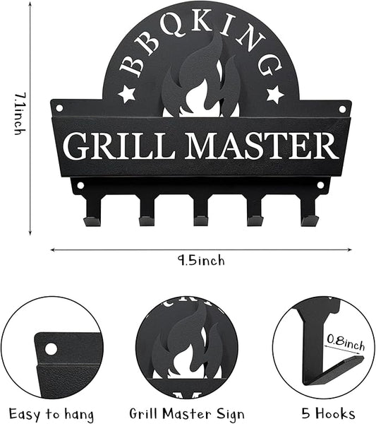 Wall Mount BBQ Tool Holder - Grill Master BBQ Utensil Holder for Outdoor Grill Barbeque Wall Organizer with 5 Hooks, Metal BBQ Accessorie Hanger for Backyard Patio & Porch, Men Cave Father’s Day Gift