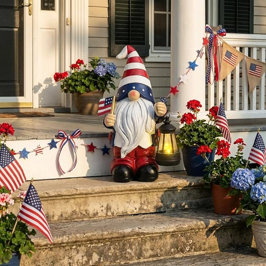 TERESA'S COLLECTIONS 4th of July Gnome Decorations with Solar Lantern, Memorial Day Decorations Resin Patriotic Garden Gnome Holding American Flag, USA 250th Anniversary Independence Day Gift 8"