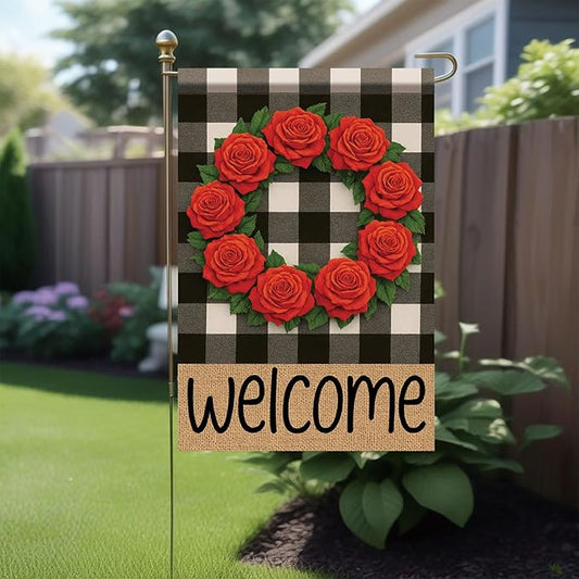 Buffalo Plaid Welcome Wreath Garden Flag Red Rose Flower Flag 12x 18 Inch Double Sided Spring Outdoor Fall Autumn Farmhouse Outdoor Small Decor for Porch Lawn Patio Yard