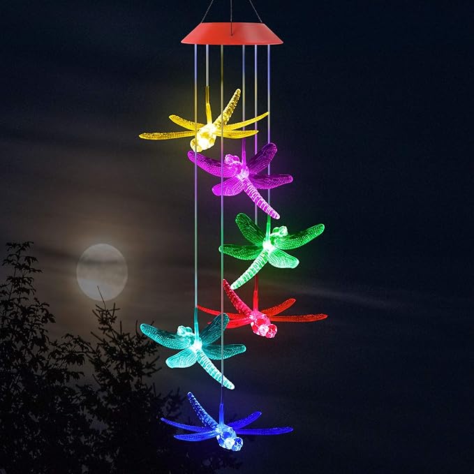 Solawindchime Dragonfly Wind Chimes Gifts for Women, Color Changing Solar Wind Chime Outdoor Decor, Waterproof Solar Lights, Romantic Dragonfly Wind Bells, Solar Powered Wind Chime Garden Decoration