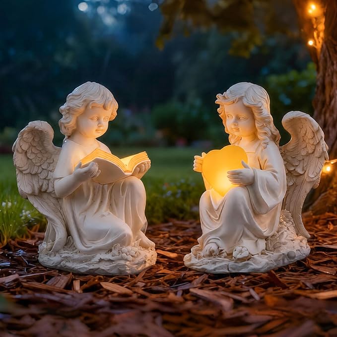 Angel Statues for Garden, Solar Angels for Outside with Glowing Heart & Cemetery Decorations for Grave, Yard Art Patio Balcony & Lawn Ornaments Gifts for Mom Grandma Women