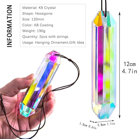 HDCRYSTALGIFTS 2PCS 5" Large Crystal Sun Catcher Prisms for Windows, AB Colored Hexagone Hanging Crystal Suncatchers, Rainbow Glass Ornaments for Christmas Tree,Home,Garden