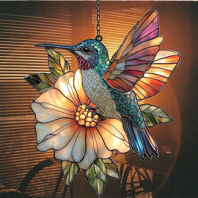 Hummingbird Mosaic Style Acrylic Suncatcher Stained Glass Effect Window Car Hanging Christmas Ornament Indoor Outdoor Decor Garden Sun Catcher Panel for Hummingbird Lover for Women Mom Grandma
