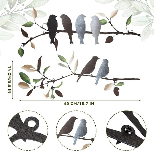 Demissle 2 Pcs Metal Birds Wall Art Decor Vivid Birds on Branch with Leaves Rustic Wall Decor Waterproof Metal Sculpture Hanging Sign for Home Balcony Garden Indoor Outdoor(Retro Colors)