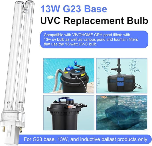 13W UVC Replacement Bulb for Pressurized Biological Pond Filter 1580 1840 2380 2630 GPH & 4-in-1 Pond Filter System Kits 950/1370 GPH, G23 Base UVC Light Bulb for Outdoor Ponds