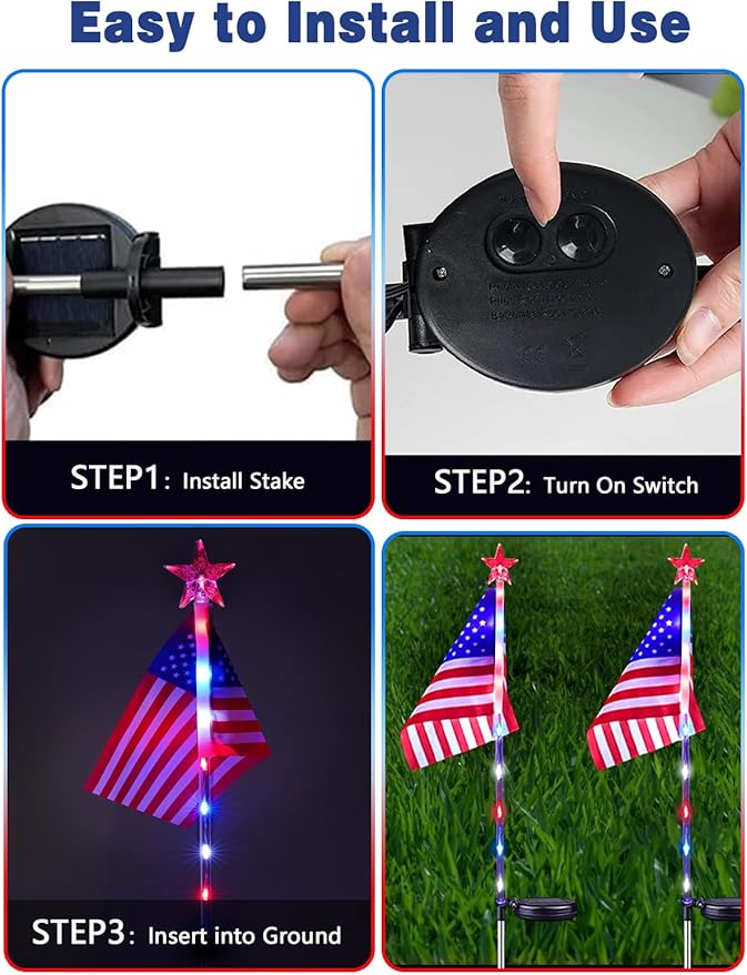 12 Pack Solar American Flag Lights Outdoor, 4th of July Decorations Outdoor, Waterproof Solar Flag Patriotic Lights for Yard, Garden, Pathway, Independence Day, 250th Anniversary (Red White and Blue)