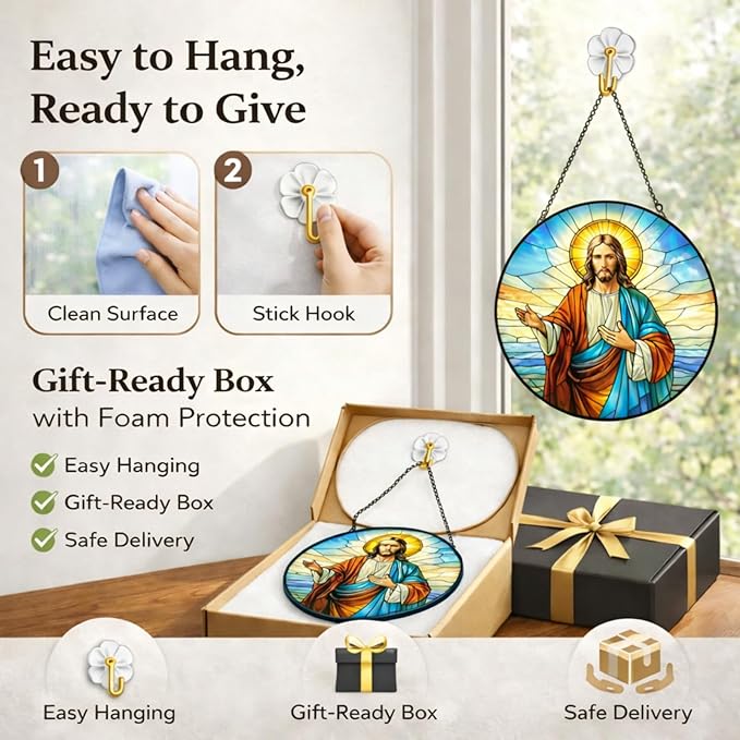 Jesus Suncatcher Window Hanging, 7.8" Stained Glass Christian Faith Gift for Mom and Grandma, Inspirational Religious Decor for Window, Prayer Room, Sunroom, Office