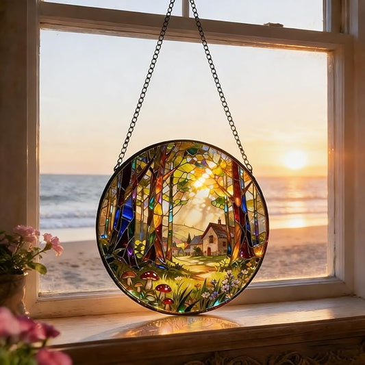 7.8 Inch Stained Glass Window Hanging, Forests and Trees Sun Catchers Glass Panel Green Suncatcher Decor for Birthday for Women, Men, Wife, Aunt, and Mom