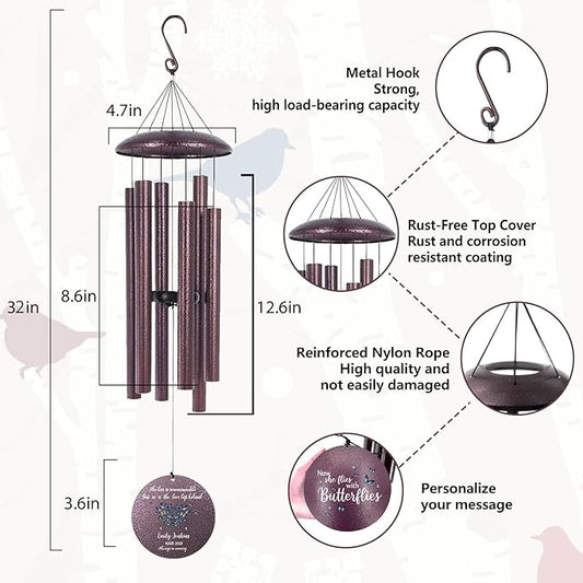 Personalized Tree of Life Wind Chimes Memorial Gifts for Loss of Loved One, 32 inch Deep Tone Metal Wind Chimes for Outside, Sympathy Gifts for Rememberance, Produced in USA