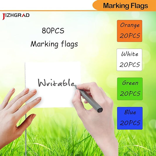 80Pack Orange&White&Green&Blue Marking Flags, JIZHGRAD 15x4x5 Inch Marker Flags Use for Yard & Lawn, Boundary & Dog Training, Survey & Landscape, Sprinkler & Surveyor, Garden & Construction, High Visibility, Sturdy, Versatile, UV & Weather Resistant