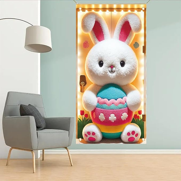 Happy Easter Door Cover Decoration Easter Eggs Bunny Banner Welcome Spring Happy Easter Day Party Photography Background Backdrop for Party Decorations Supplies 70.8 x 35.4 inch
