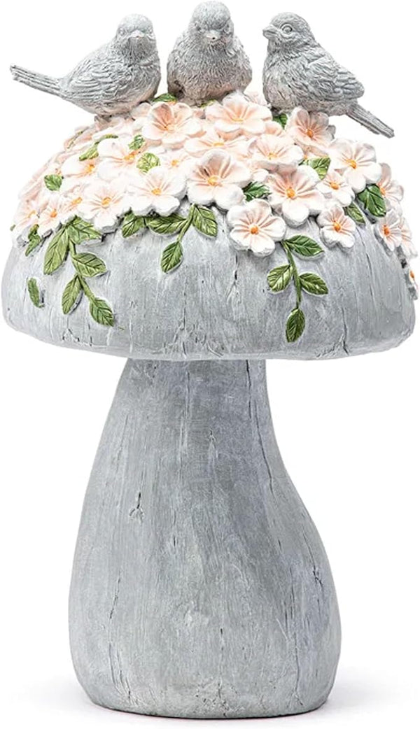 Napco Woodland Birds Pink Flowers Mushroom 10.5 x 6 x 6 inches Natural Grey Resin Stone Collectible Figurine Statue Sculpture, Indoor Outdoor Garden Décor
