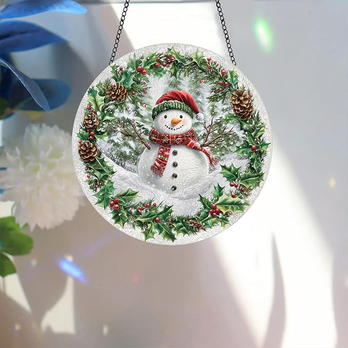 Bimkole Snowman Stained Glass Suncatcher Window Hanging - Christmas Indoor Window or Doorway Decoration - Handmade Sun Catcher Decor for Garden Home Christmas & Birthday Gifts 7.87x7.87 inch