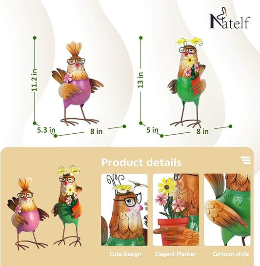 Natelf Metal Rooster & Hen Outdoor Statues Home Decor Hand-Painted Chicken Sculptures with Flower for Home Patio Lawn Backyard Farmhouse Kitchen Weather-Resistant Garden Ornament Gift Set