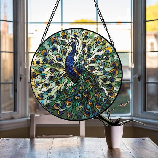 Peacock Decor Suncatcher Stained Glass Window Hanging - 8 Inch Colorful Suncatchers for Windows Hanging - Handmade Sun Catchers Glass Panel with Hook and Chain - Birthday Gifts for Women Mom Friends