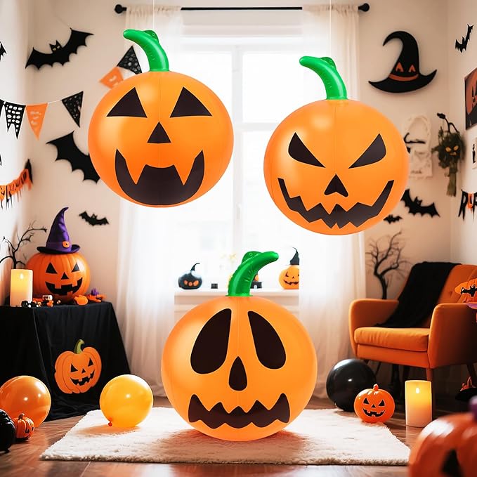 4 Packs 24 Inches Halloween Inflatable Pumpkin Outdoor Decorations PVC Inflatable Hanging Pumpkin Ornaments Blow Up Pumpkin for Halloween Party Yard Garden Outdoor Decoration