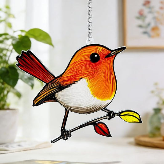Birds on a Branch Stained Glass, Robin Bird Suncatchers Windows, Bird Suncatcher for Patio/Mom/Window (Orange)