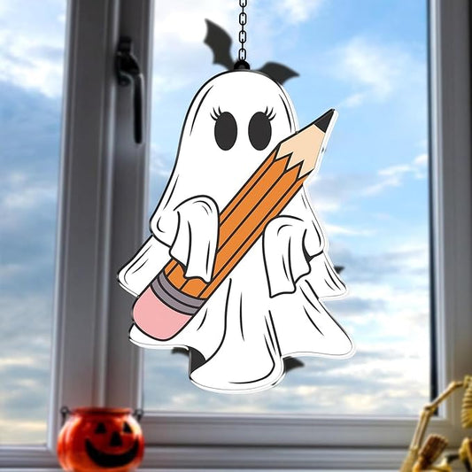 7.87Inch Cute Pencil Ghost Sun Catcher Acrylic Garden Halloween Suncatcher Decor Window Hanging for Wall Home, Garden, Housewarming Women Neighbor Party Decor Gifts