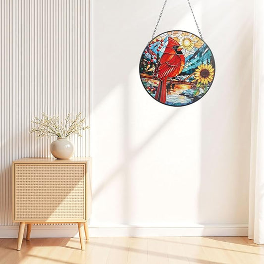 Cardinal Stained Glass Window Hanging with Sunflower, 7.9-Inch Suncatcher for Windows, Cardinal Gifts for Women, for Bird Lovers