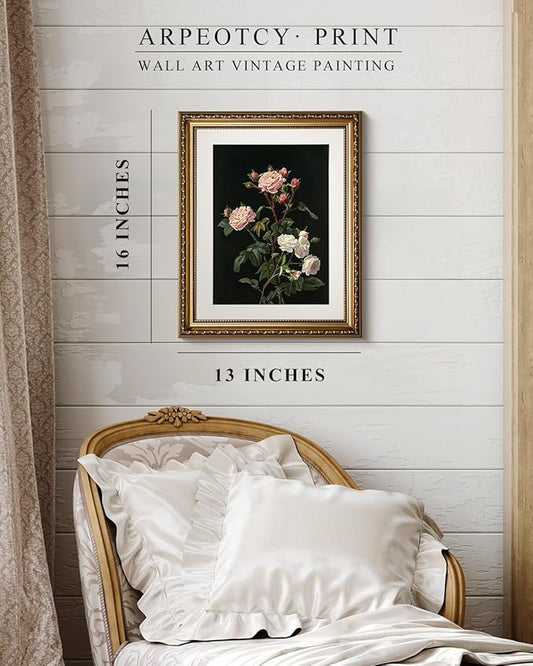 ARPEOTCY Vintage Gold Framed Wall Art, 13x16 inch Classic Floral Pink White Roses Paintings, Victorian Wall Decor for Living Room Bedroom, Canvas Prints Antique Pictures Frame for Room Decor