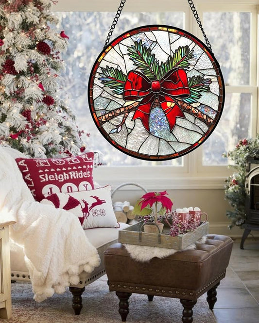 DASTOLL Stained Glass Window Hanging - Pine Branches Red Bow Suncatcher for Doors Home Christmas Decoration Silver Sun Catcher Thanksgiving New Year Birthday Gifts for Women Men Mom Nana 15 in