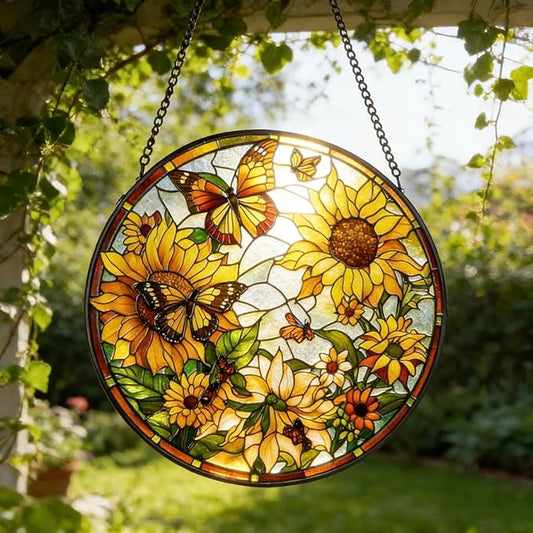 Stained Glass Sun Catcher,Sun FlowersStained Glass Window Hanging Garden Decor,Sun Catchers Indoor Window,Whimsical Decoration for Home Backyard Patio Lawn Porch with 6.3 INCH