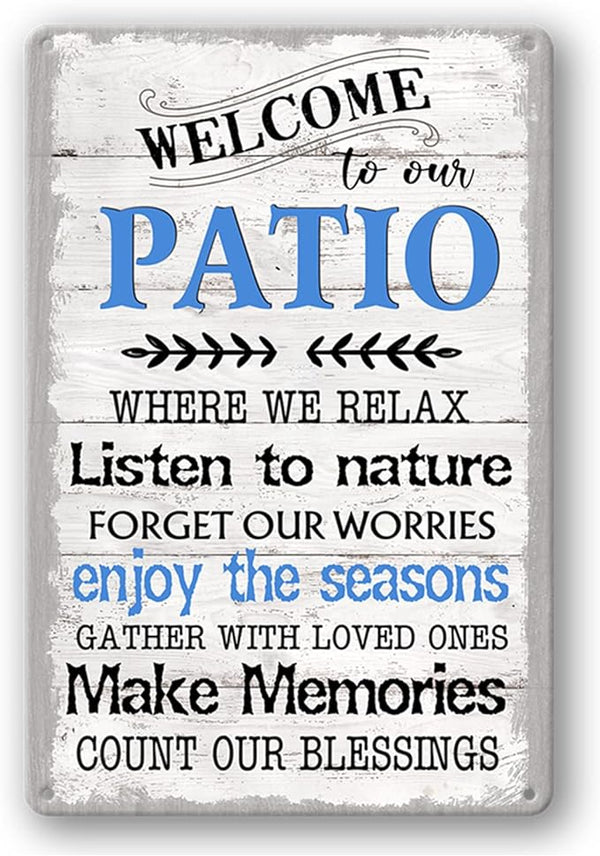Funny Patio Metal Tin Sign Patio Wall Decor Welcome To Our Patio Signs Outdoor Welcome To Our Porch Backyard Sign Outdoor Decorations Funny Home Patio Gifts Personalized Farmhouse Patio Decor 8x12 In