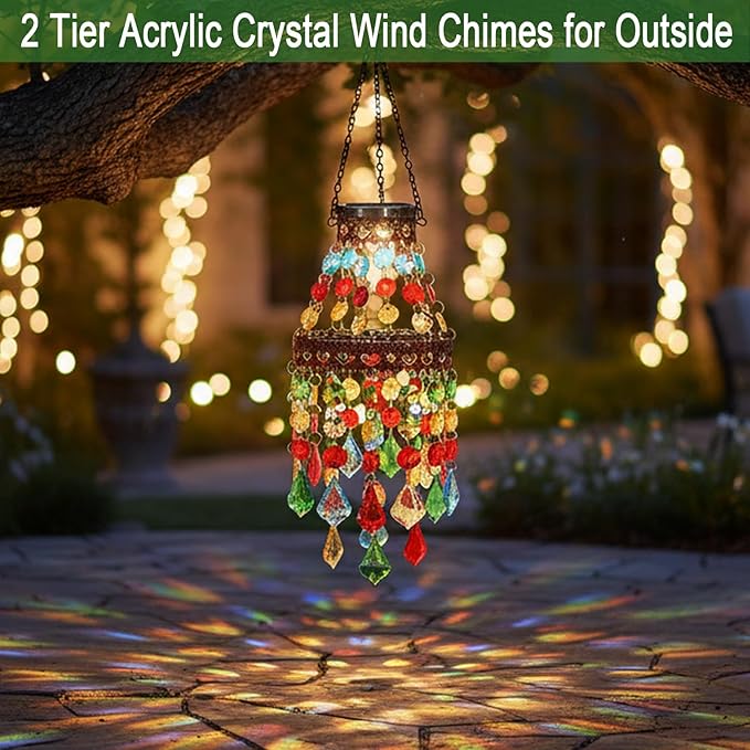 Hanging Solar Lanterns Outdoor Chandelier,2 Tier Acrylic Crystal Wind Chimes for Outside,Solar Lights Color Changing LED Outdoor Decorative for Paito,Porch,Yard