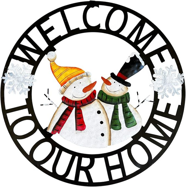 Metal Hanging Rustic Snowmen Welcome Door Wreath,13''x13'',Vintage Christmas Snowman Porch Decor Front Door Wreaths Garden Welcome Sign Indoor Outdoor Decorations for Winter Christmas Decor