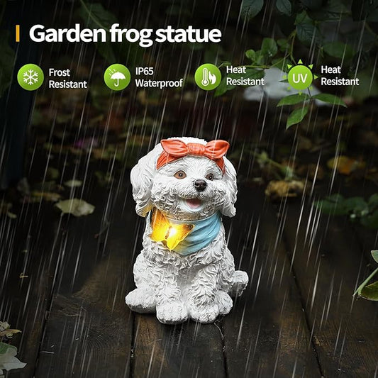 7.67" Solar Dog Garden Statue with Butterfly Light, Cute Resin Puppy Outdoor Decor, Waterproof Solar Powered Animal Statue for Yard, Lawn, Patio, Garden