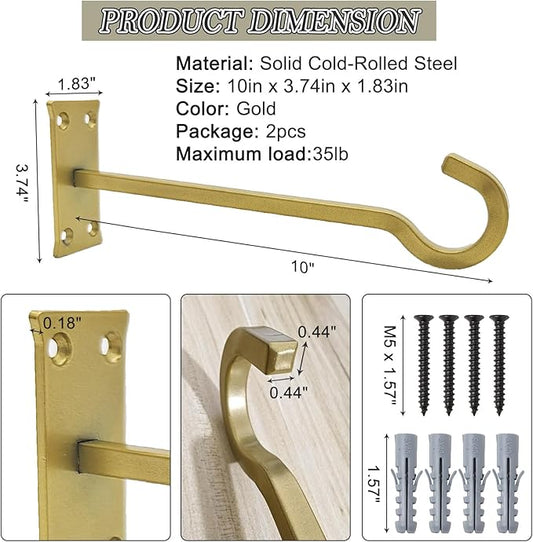 QIEGL 10inch Heavy Duty Plant Hangers Outdoor or Indoor Bird Feeder Hanger Shepherd Hooks 2pcs Gold Metal Wall Hook for Hanging Plant Bracket, Lantern, Flower Basket, Wind Chimes