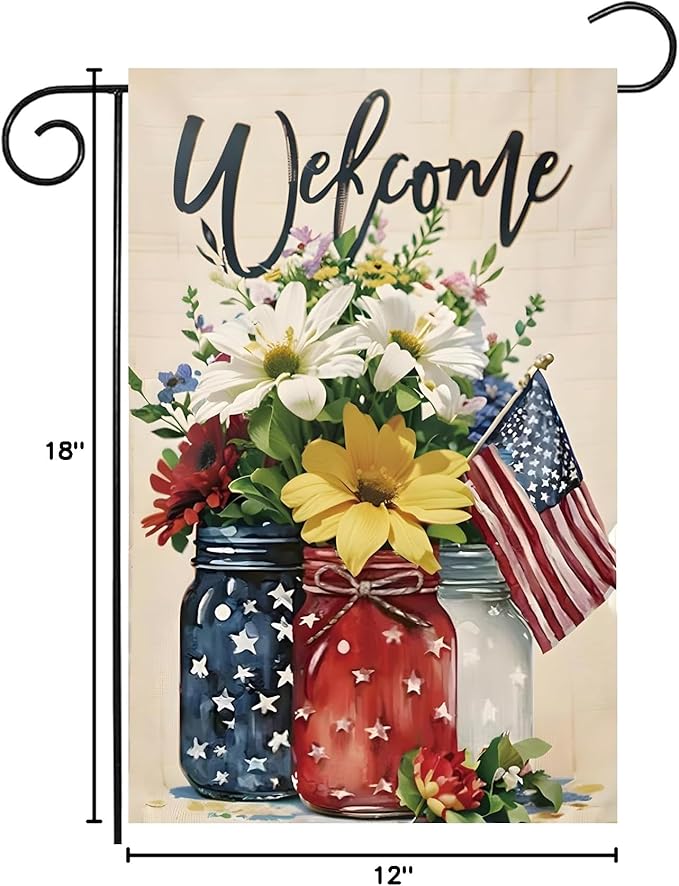 4th of July Mason Jar Flowers Summer Garden Flag 12x18, Patriotic Celebration Double-Sided Decorative Burlap Yard Flag for Memorial Day Independence Day Outside Decoration Holiday Festivities